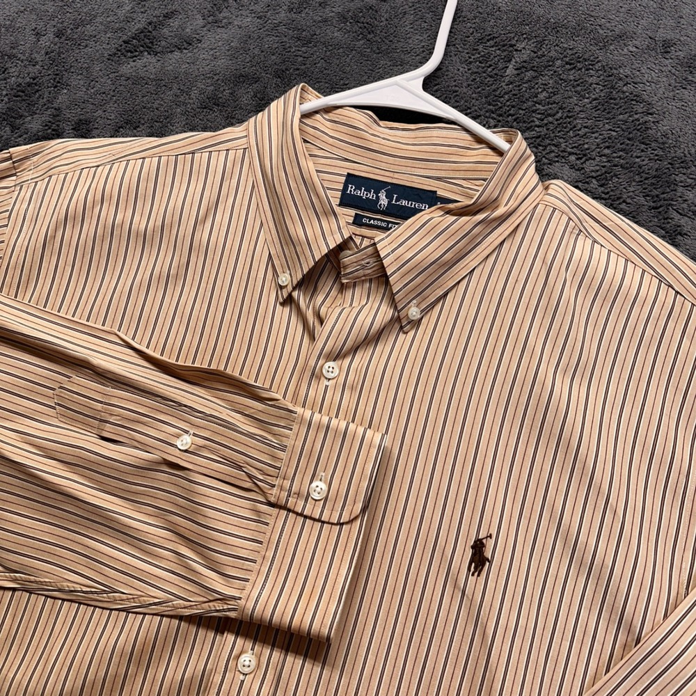 Ralph Lauren Button Down Shirt Mens 2XL Tan Striped Classic Fit Long Sleeve